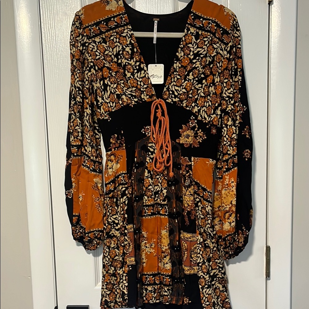Free People Black and Mustard Patchwork Floral Long Sleeve Mini Dress - Picture 2 of 4